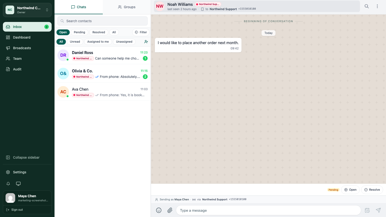 WATeamInbox conversation status menu with Pending selected for a waiting conversation