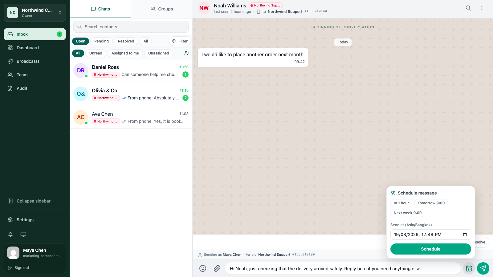 WATeamInbox conversation showing an upcoming scheduled message with edit and cancel actions