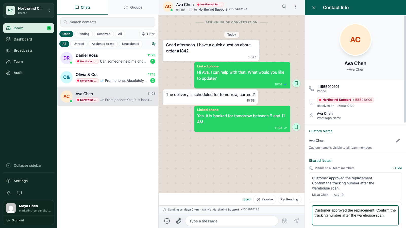 WATeamInbox shared note editor with Shared note selected