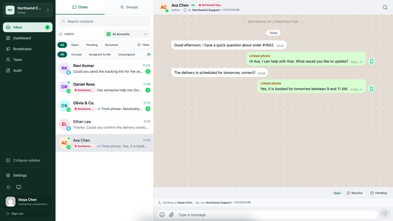 The real WATeamInbox application showing a shared team inbox with synthetic demo conversations