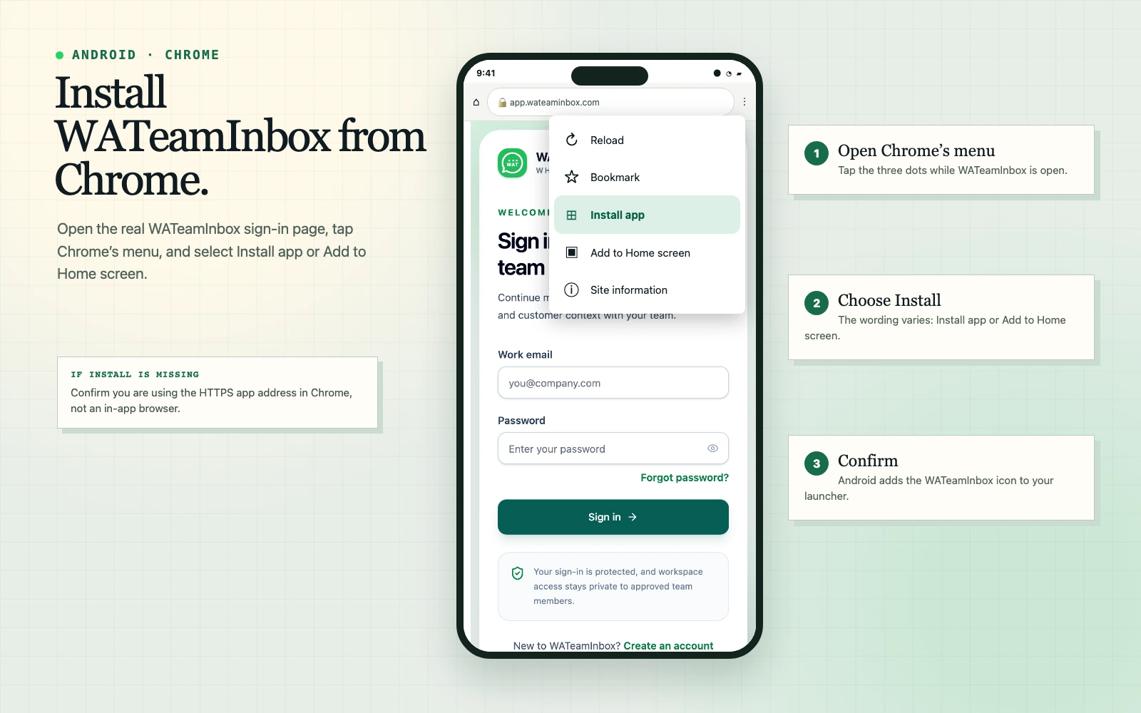 Illustrated Chrome menu for installing the WATeamInbox web app on Android