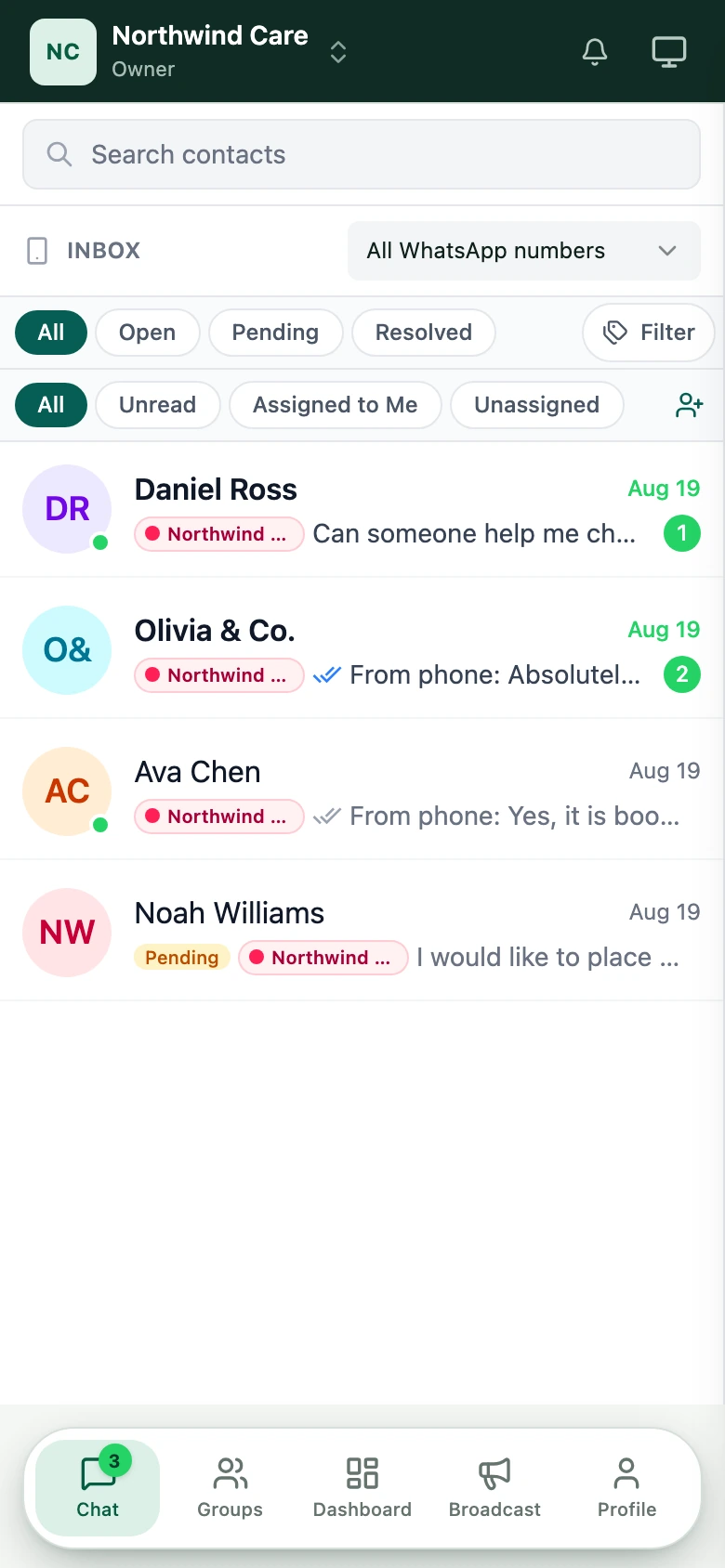 The real WATeamInbox mobile inbox showing filters and demo conversations